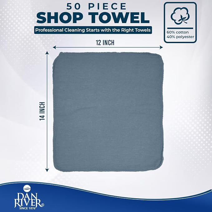 DAN RIVER Shop Towels, 50 Pack Commercial Use Medium Blue Terry Cloth Rags for Cleaning Cars & Household Surfaces – Well Absorbent, Reusable Cleaning Rags & Wash Clothes – Washable Towels