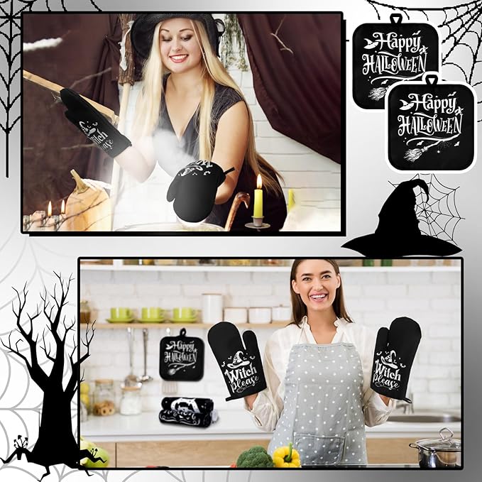 Fanfanwin 10 Pcs Halloween Kitchen Decor Set Witch Kitchen Towels and Rugs Pot Holders Oven Mitts Set for Home Cooking Dish Baking Decorative