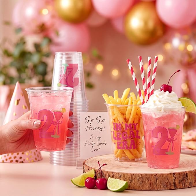 Jingmore 50 Pcs Birthday Plastic Cups 12 oz Birthday Disposable Plastic Cups Thick Clear Drinkware for Men Women Celebrate Party Supplies(pink 21st)