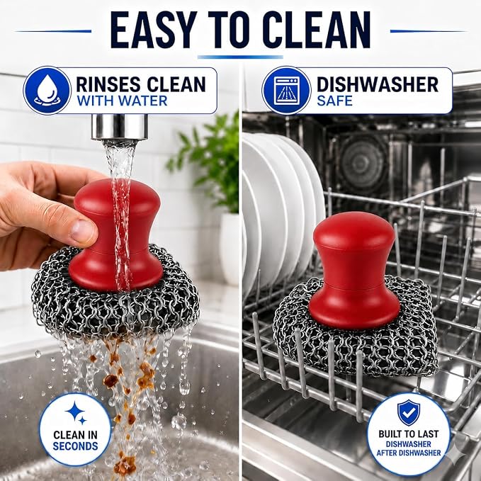 Cast Iron Scrubber and Scraper | 316 Chainmail Scrubber for Cast Iron Pan | Chain Mail Scrubber for Cast Iron Skillet Cleaner | Dishes Pots Wok Griddle Grill | Black + Red 1