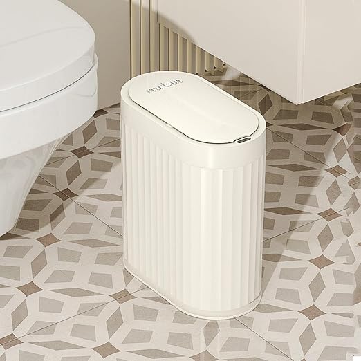 MRBIN Small Trash Can for Bathroom, Automatic Touch Less Garbage Bin with Lid, 2 Gallon Plastic Slim Waste Basket for Office and Kitchen, Electric Motion Sensor Bedroom Bin, Cream White