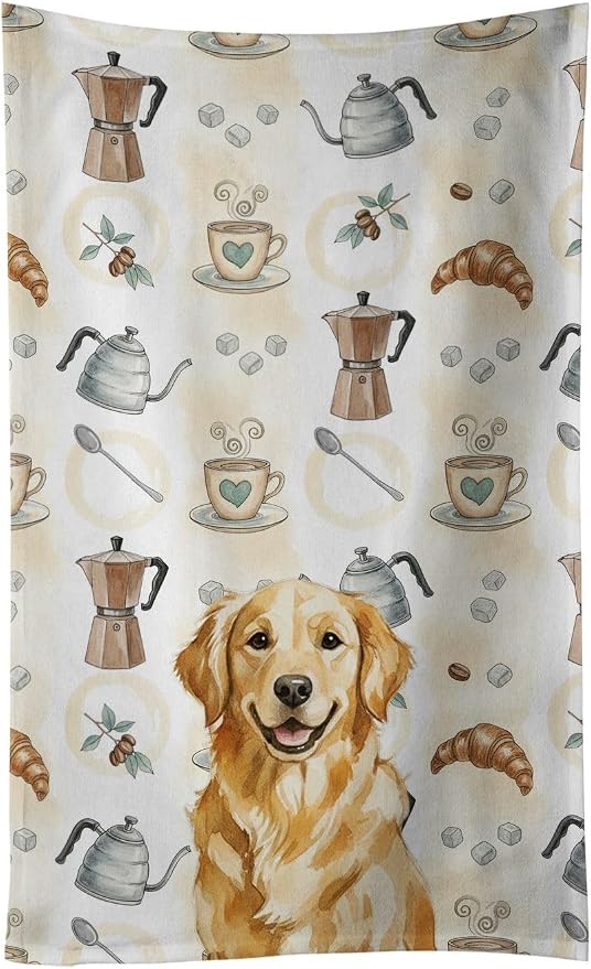 Caroline's Treasures Golden Retriever Coffee Bar Kitchen Towel Velour Plush Front and Cotton Loop Back Machine Washable