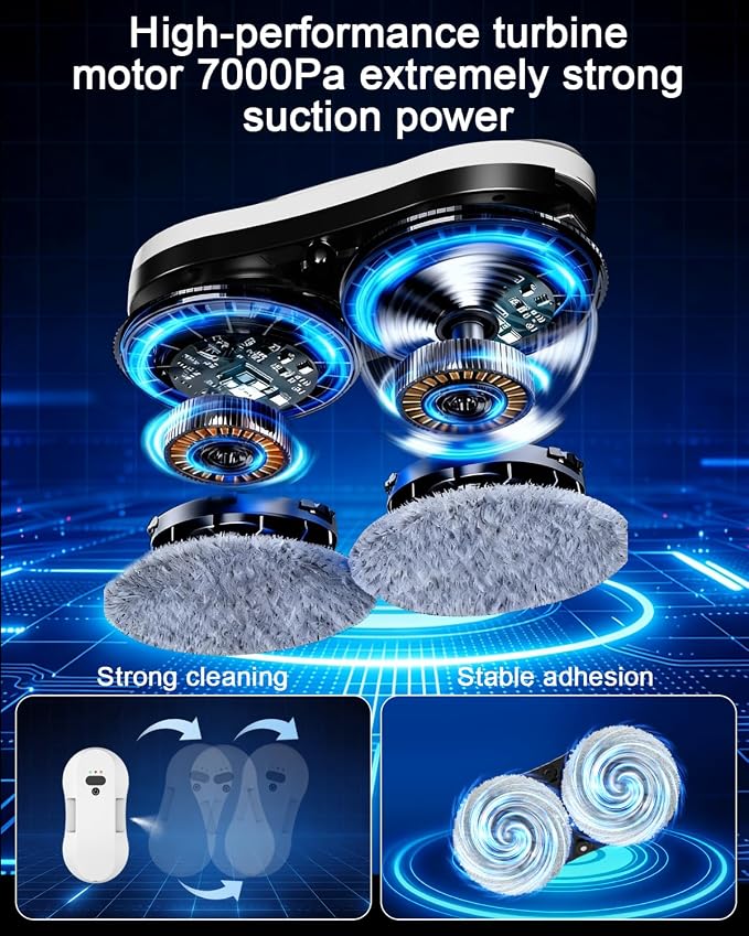 Automatic Window Cleaning Robot for High Windows with 3000Pa Strong Suction, Dual-Nozzle, Power Failure Protection & Safety Rope, 3 Intelligent Paths, 10 Double-Sided Replacement Cloths