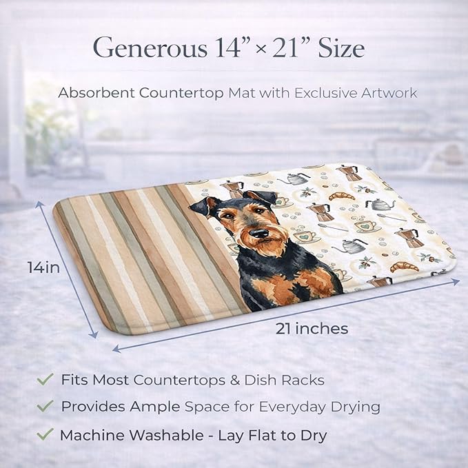 Caroline's Treasures Airedale Terrier Coffee Bar Dish Drying Mat Absorbent Dish Drying Mat Pad for Kitchen Counter Dish Drainer Mat for Countertop, 14 x 21", Multicolor