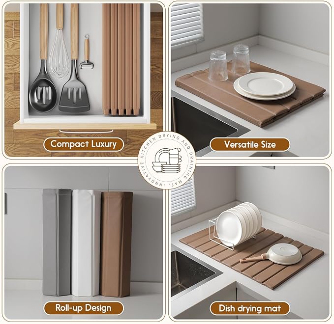 Dish Drying Mat，Stone Drying Mat for Kitchen Counter，Heat Resistant and Super Absorbent Foldable Bath mats,Made of Diatomaceous Earth and Leather.24.8"×15.7" Brown
