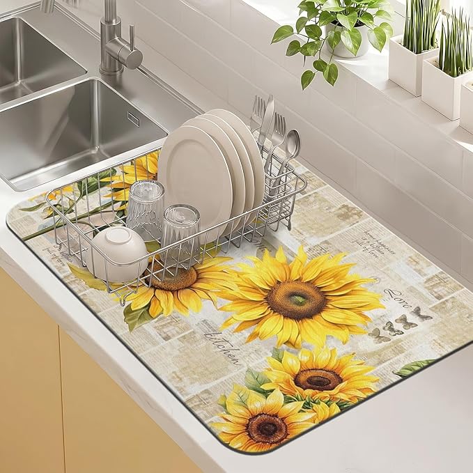 Kitchen Countertop Dish Drying Mat,Super Absorbent Coffee Bar Mat for Maker Espresso Machine, Anti-Slip Accessories for Kitchen Countertops 23x15 Inch