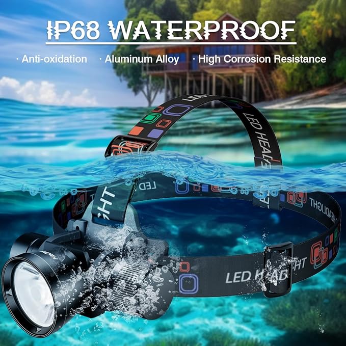 3000 Lumens Super Bright Diving Headlamp IP68 Waterproof Dive Flashlight Rechargeable Underwater Headlight with 3 Modes Perfect for Scuba, Night Snorkeling and Underwater Exploration
