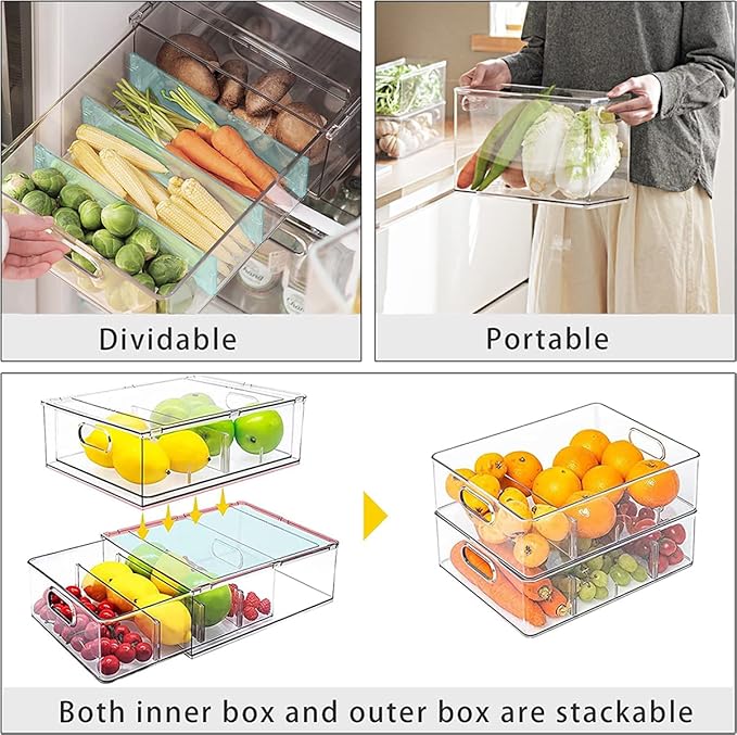 4 pack Stackable Fridge Drawers Pull-Out Bins Divided Produce Saver Containers for Refrigerator Storage Organizers for Veggie Fruit Berry Pantry Cabinet Makeup Clothes