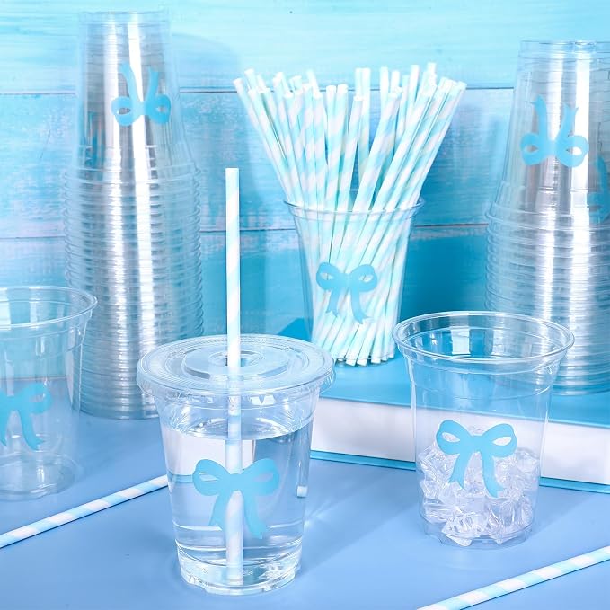 Whaline 50 Pcs Bow Disposable Plastic Cups with Lids and Straws 12 Oz Blue Bow Knot Cold Beverage Drinking Cups