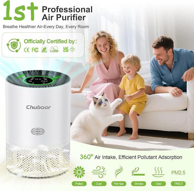 Chuboor Air Purifiers for Home Large Rooms, H13 True HEPA Air Purifiers for Bedroom Dorm Room Pets or Smoke, Dust, Pollen, Odors, Auto Mode, Sleep Mode, PJ01, White