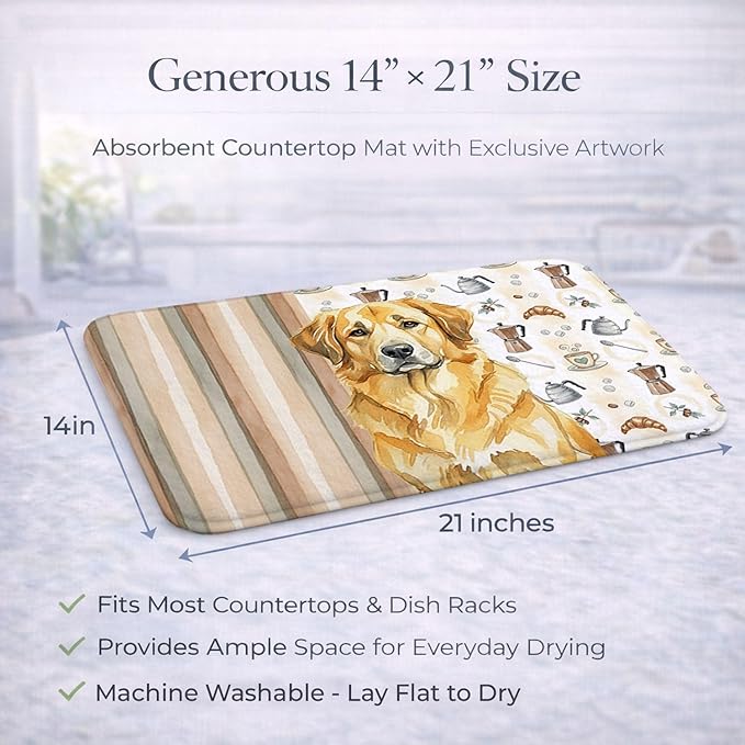 Caroline's Treasures Lion Yellow Leonberger Coffee Bar Dish Drying Mat Absorbent Dish Drying Mat Pad for Kitchen Counter Dish Drainer Mat for Countertop, 14 x 21", Multicolor