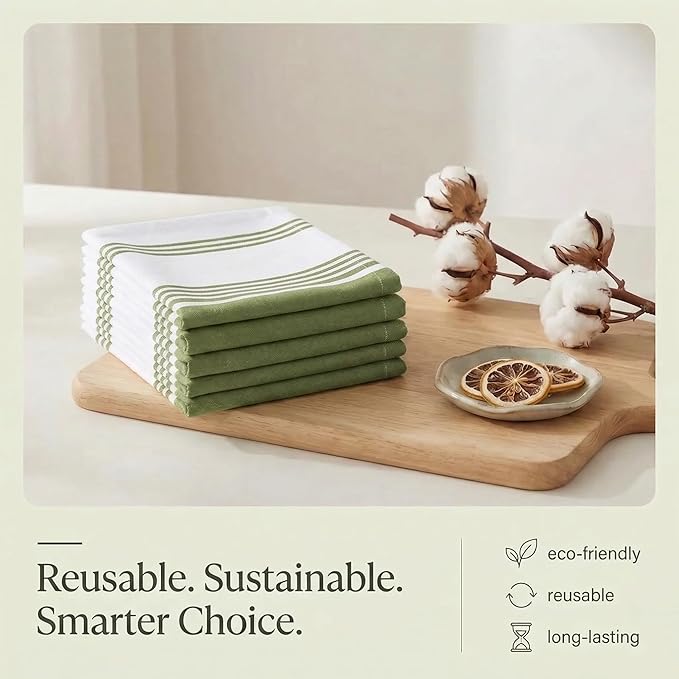 Urban Villa Kitchen Towels 100% Cotton Dish Towels for Kitchen (Set of 6)20”x30” Dish Cloths Highly Absorbent Kitchen Linen Set with Hanging Loop Perfect for Drying Dishes Cleaning Towels-Green White