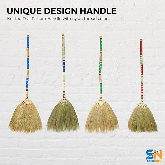 Asian Broom Grass Bamboo Stick with Full Embroidery Woven Nylon Thread Handle (Thai Pattern 2, Green)