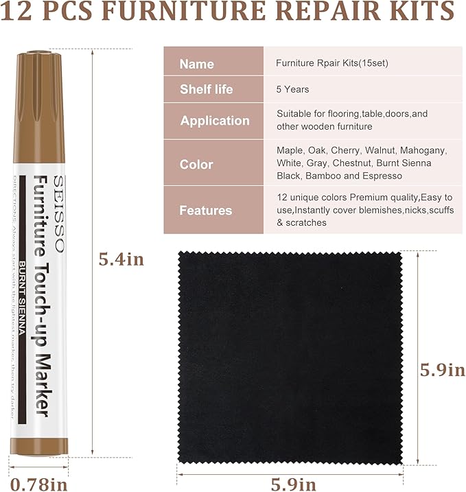 New Upgrade Furniture Pens for Touch Up, 12 Colors Wood Scratch Repair Markers, Professional Repair Tools for Stains, Scratches, Wood Floors, Tables, Bedposts