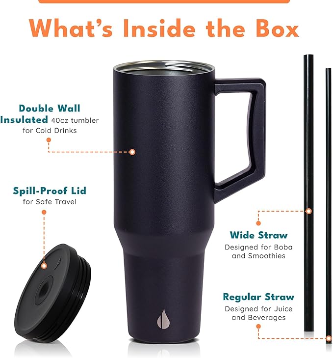 Elemental 40 oz Tumbler with Handle and Straw - Spill Proof Insulated Stainless Steel Commuter for Cold Beverages - Travel Coffee Mug with 2 Straws & Spill Proof Lid - 40oz - Black