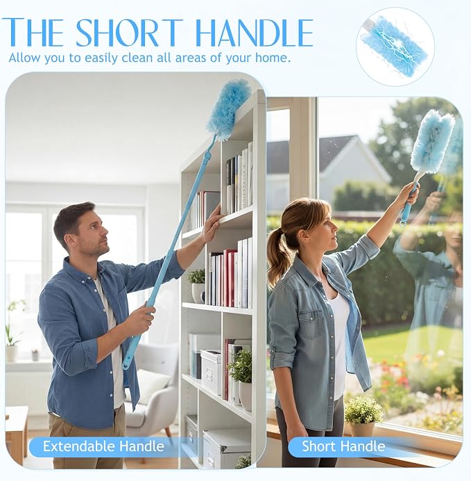 50 PCS Heavy Duty Duster Refills with Retractable Handle and Short Handle, Disposable Surface Duster Kit for Cleaning Dusting Furniture Blind Ceiling Fan (Blue)