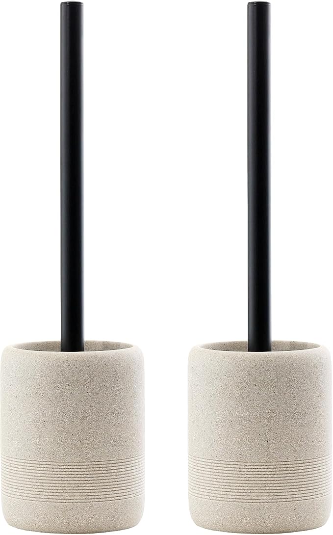 Toilet Brush and Holder Set, 2 PCS Decorative Toilet Bowl Brush and Holder Set Bathroom Aceessories Toilet Scrubber Brush Set with Heavy-Weight Resin Base with Long Handle (Beige)