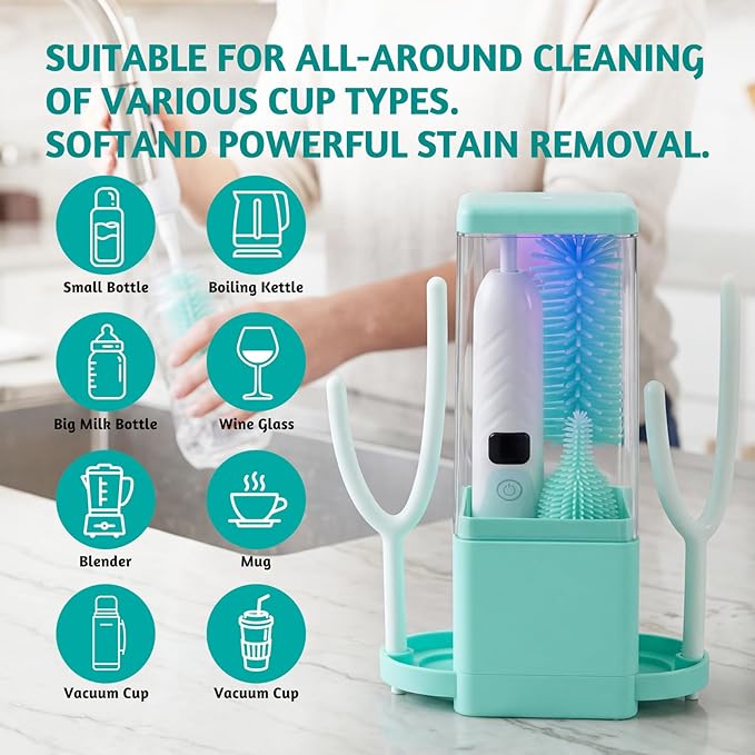 Electric Bottle Brush Cleaner with Drying Rack & LED Display, Rechargeable Baby Bottle Cleaning Kit, 360° Automatic Bottle Washer for Travel & Home, Silicone Spin Brush Set for New Parents, Green