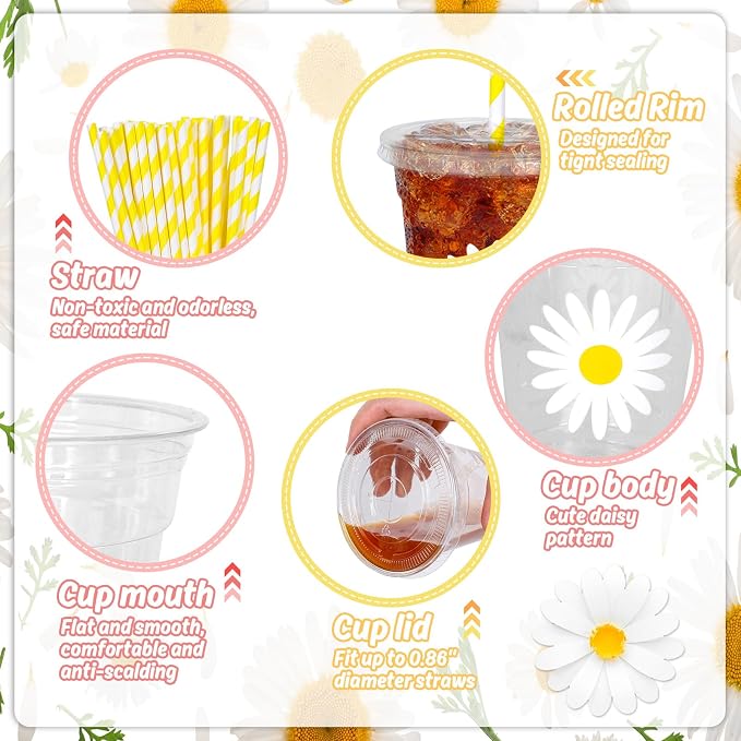 Whaline 50Pcs Daisy Cute Disposable Plastic Cups with Lids and Straws 12Oz Cold Beverage Drinking Cups for Wedding Birthday Baby Shower Favor Supplies