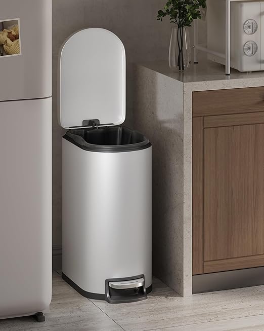 Garvee Slim 13 Gallon Trash Can with Lid, Step-on Metal Kitchen Garbage Bin with Lid & Inner Bucket, Rustproof Design, Soft-Close Lid & Rear Handle for Easy Use, Creamy White