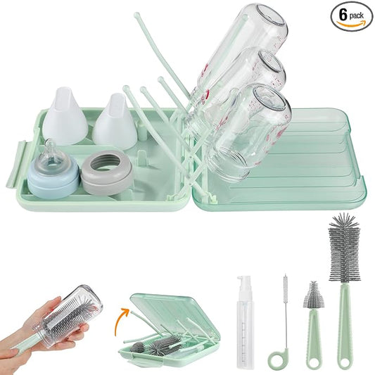 Bottle Brush Set -Baby Travel Essential-6 in 1 Bottle Cleaner Kit with Silicone Bottle Brush,Nipple Cleaner Brush,Straw Brush,Soap Dispenser,Storage Box,Bottle Drying Rack for Home and Travel(Green)