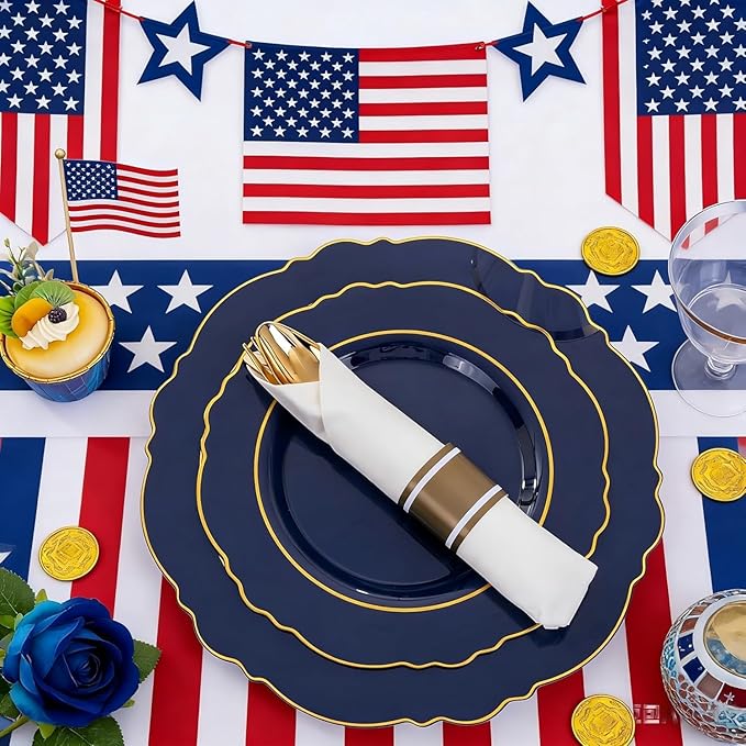 Liacere 350PCS Navy Blue Plastic Plates-Disposable Blue Gold Plates 50guest Plastic Dinnerware include 100Plates,50Pack Pre Rolled Napkins with Silverware 50Cups for Graduation & Independence Day