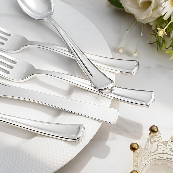 Liacere 200Pcs Silver Plastic Cutlery - Silver Plastic Silverware- Disposable Silverware - 100 Forks, 50 Spoons, 50 Knives Perfect for Wedding ＆ Party