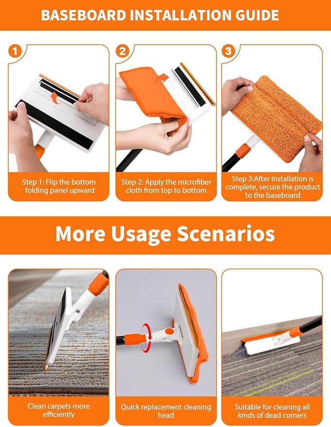 4-in-1 Baseboard Cleaning Tool with Extendable Handle 5 Reusable Pads 1 Carpet Rake Stiff Bristle Brush Multi-Surface Baseboard Brush for Cleaning Baseboard Wall Carpet Floor Bathroom Kitchen Pet Hair