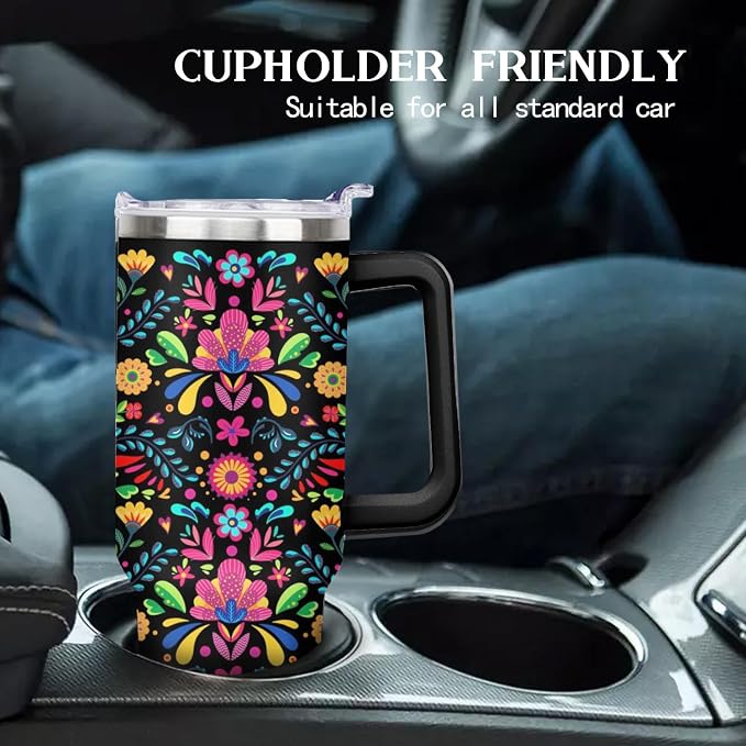 Ceovfoi 40 oz Mexican Flower Tumbler with Handle Lid and Straw, Stainless Steel Insulated Coffee Mug Cup, Mexican Stuff Supplies Accessories Gifts for Women
