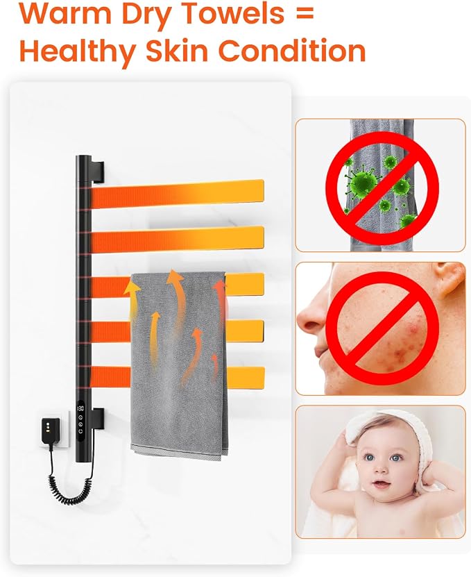Heated Towel Racks for Bathroom, Wall Mounted Towel Warmer Swivel with Timer & Temp Control, Digital Touch Panel, 110V IPX5 Hardwired & Plug-in