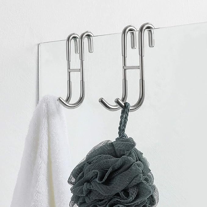 Simtive 12-Inch Shower Squeegee (Includes 1 Shower Door Hook and 1 Adhesive Hook), Shower Door Hooks (2-Pack), Both Silver, 2 Item Bundle