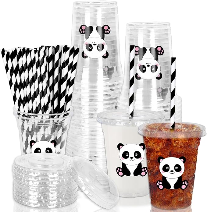 Whaline 50 Pcs Panda Disposable Plastic Cups with Lids and Straws Cute Animal Cold Beverage Drinking Cups for Baby Shower Birthday Party Supplies