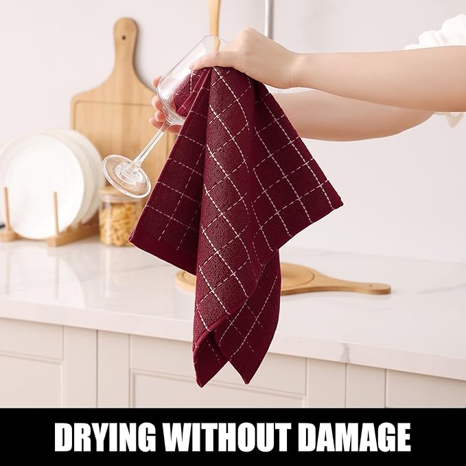 Homaxy 100% Cotton Terry Kitchen Towels(Burgundy Red, 13 x 28 inches), Checkered Designed, Soft and Super Absorbent Dish Towels, 12 Pack