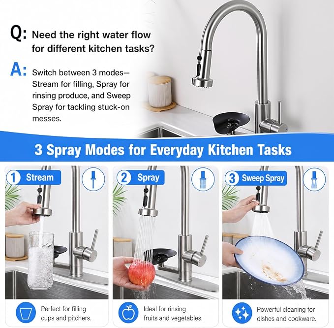 Kitchen Faucet with Glass Rinser, Pull Down Sink Faucet with 3 Spray Modes and High Pressure Glass Rinser, Single Hole 2 in 1 High Arc Stainless Steel Kitchen Faucets (Brushed Nickel)