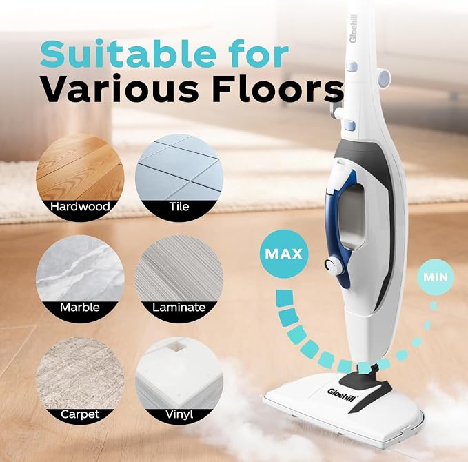 10-in-1 Steam Mops for Floor Cleaning, 302℉ Detachable Handheld Steam Cleaner with 400ml Water Tank and 26.25ft Power Cord, Folding Steamer Mop for Hardwood and Tile Floors, Blue & White