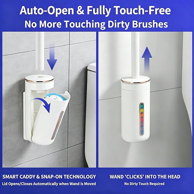 Disposable Toilet Brush and Holder Set - Wall Mounted Toilet Bowl Cleaner Wand with 24 Rainbow-Colored Refills & Automatic Storage Caddy, Hygienic Toilet Cleaning System for Bathroom