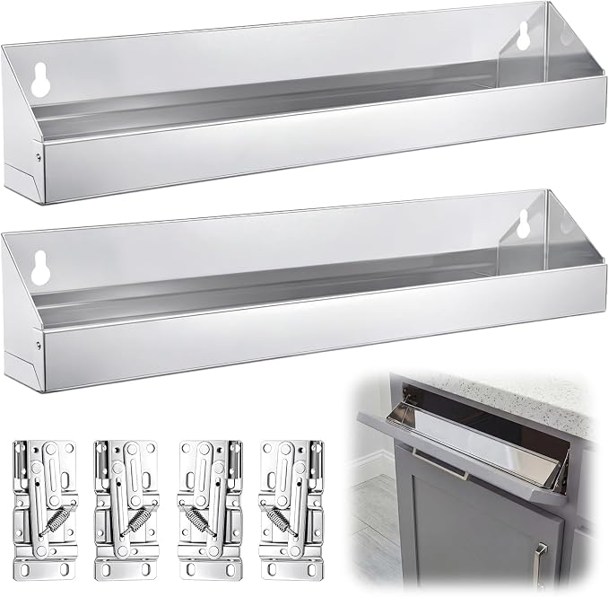 2 Set 16 Inch Metal Sink Drawer Tip Out Tray Kit Include Tip-Out Sink Trays and Hinges Large Pull Out Storage Organizer for Kitchen Bathroom Base Cabinets(Silver)