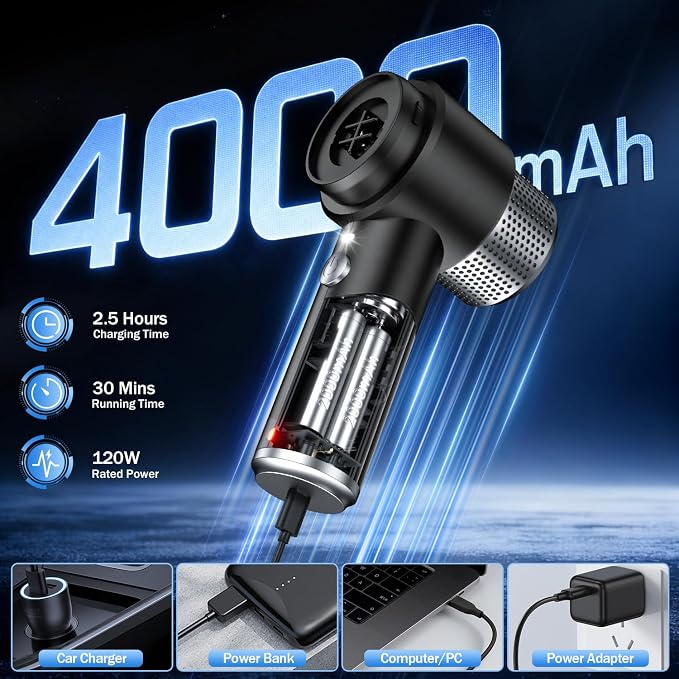 KMM Handheld Car Vacuum Cleaner, 16000PA Hand Held Vacuum Portable Cordless, 2 in 1 Air Duster and Vacuum Cleaner with LED Light, Multi-Nozzles, 120W High Power Mini Vacuum for Home, Pet, Office
