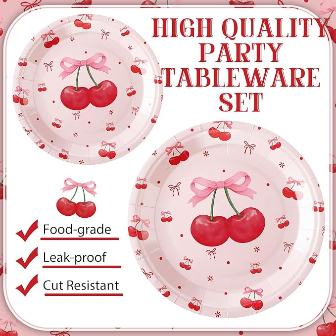 Zhehao 200 Pcs Cherry Decoration Baby Shower Plates Napkins Sets Birthday Party Bridal Shower Decoration Wedding Paper Plates Engagement Bachelorette Supplies, Serve 50