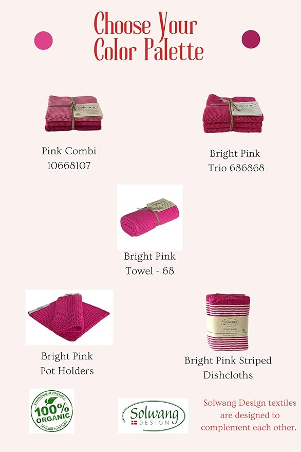 Solwang 3-Piece Danish Cotton Dishcloths in 100% Certified Organic Cotton Made in India (Pink Organic Combi)