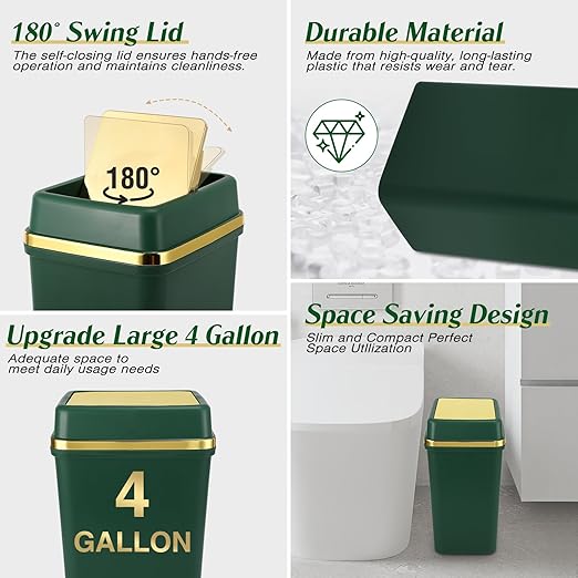 3 Pack Bathroom Trash Can with Lid 4 Gallon Small Trash Can with Swing Lid Bathroom Garbage Can with 225 Counts Trash Bags for Kitchen Bedroom Office(Black Navy Blue Dark Green)