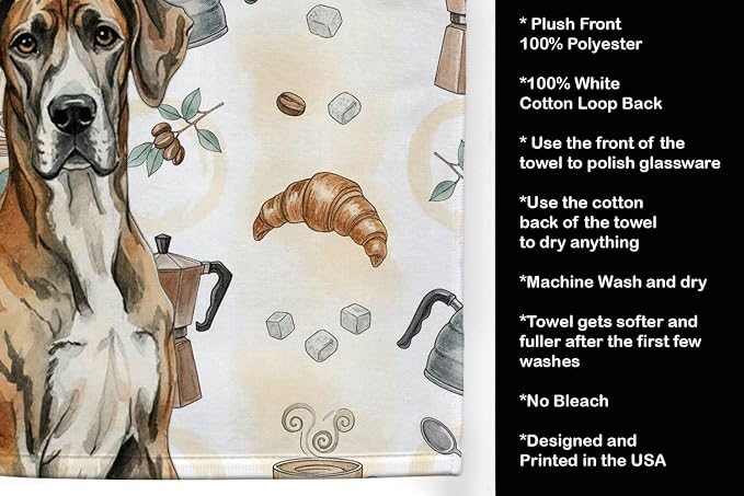 Caroline's Treasures Brindle Great Dane Coffee Bar Kitchen Towel Velour Plush Front and Cotton Loop Back Machine Washable
