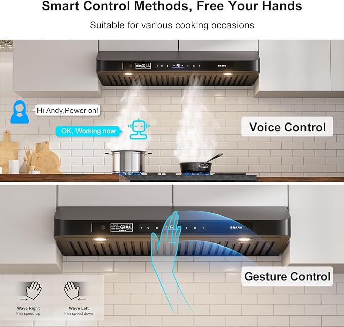 BRANO 36 Inch Under Cabinet Range Hood with Voice/Gesture/Touch Control, 900 CFM Kitchen Vent Hood with 4-Speed Exhaust Fan, Stainless Steel Stove Hood with LED Lights, Baffle Filters