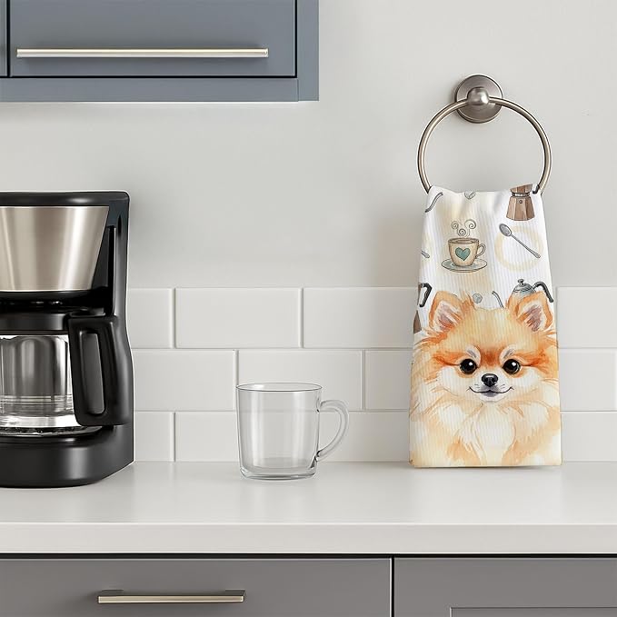 Caroline's Treasures Pomeranian Coffee Bar Kitchen Towel Velour Plush Front and Cotton Loop Back Machine Washable
