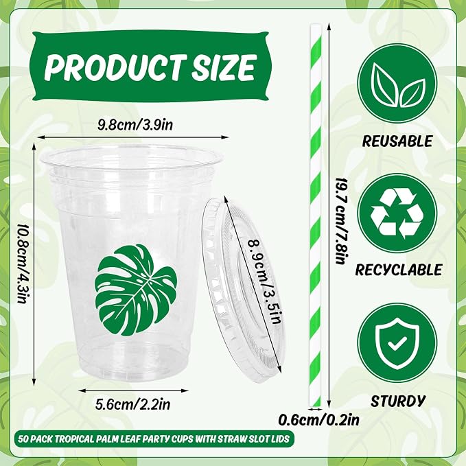 Whaline 50Pcs Tropical Palm Leaf Disposable Plastic Cups with Lids and Straws 12Oz Green Monstera Cold Beverage Drinking Cup for Summer Hawaiian Luau Birthday Party Supplies