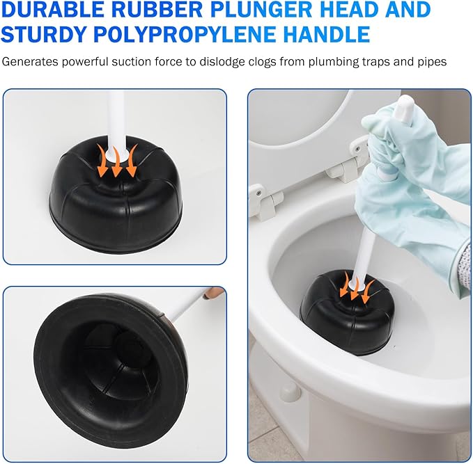 Force Suction Cup Rubber Toilet Plunger with PP Handle, Toilet Bowl Plunger Heavy Duty Pump Clogged Solution for Bathroom Stores Restaurants Strong Sink to Fix Clogged Toilets Drains Sinks (2)
