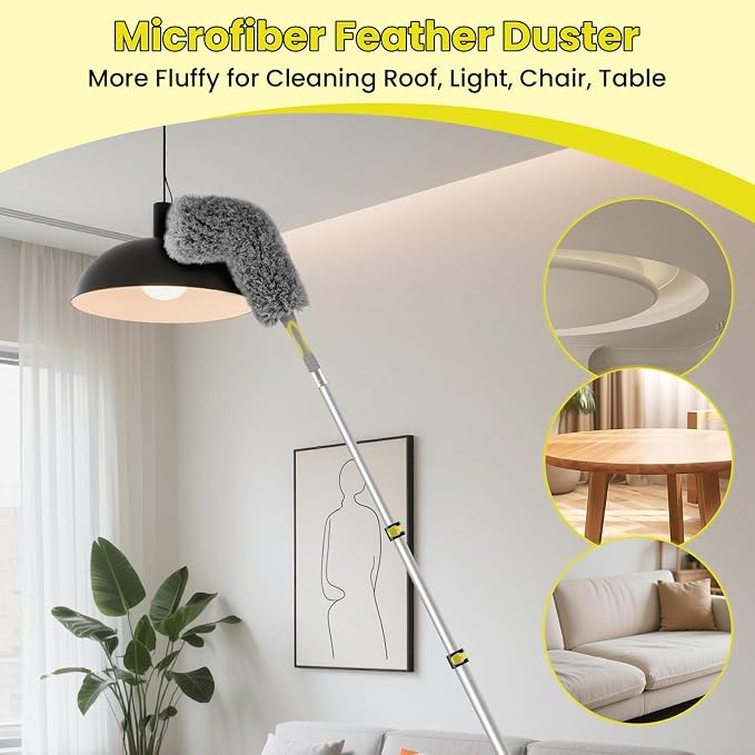 20FT High Ceiling Duster Kits with 3-12 Ft Extension Pole, Fan Blade Cleaner, Cobweb Duster, Window Squeegee Kit, Spider Web Brush for High Window, Interior Roof