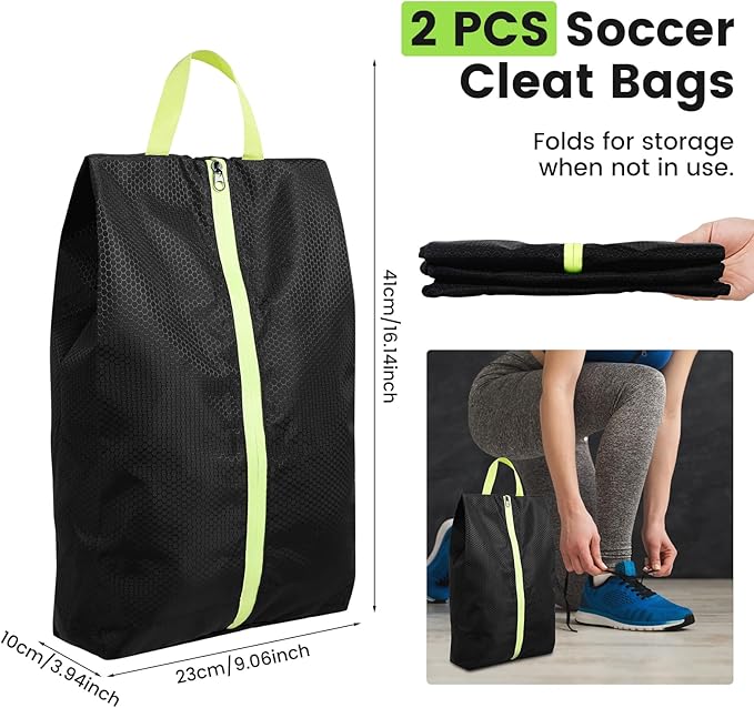 2 Pack Smell Proof Shoe Cleat Bags for Travel, Water-Resistant Golf Shoe Bags with Zipper and Handle, Odor Eliminating Athletic Shoe Bags for Gym Sports Travel, Black