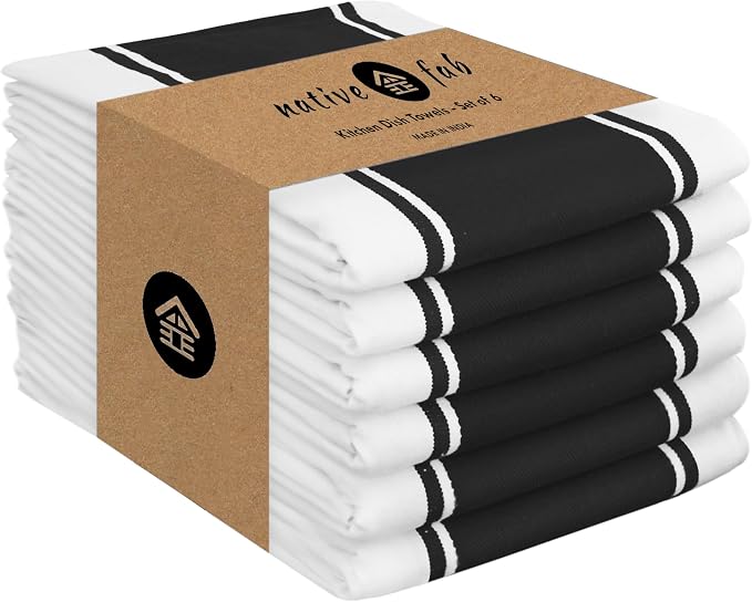 Native Fab Black Kitchen Towels 18 x 28 Inch, 6 Pack, Wide Stripe, Super Absorbent, Fast Dry, Soft, Cotton Dish Towels for Wiping Hands, Drying Dishes, Counter Cleaning Dish Cloth Set - Black