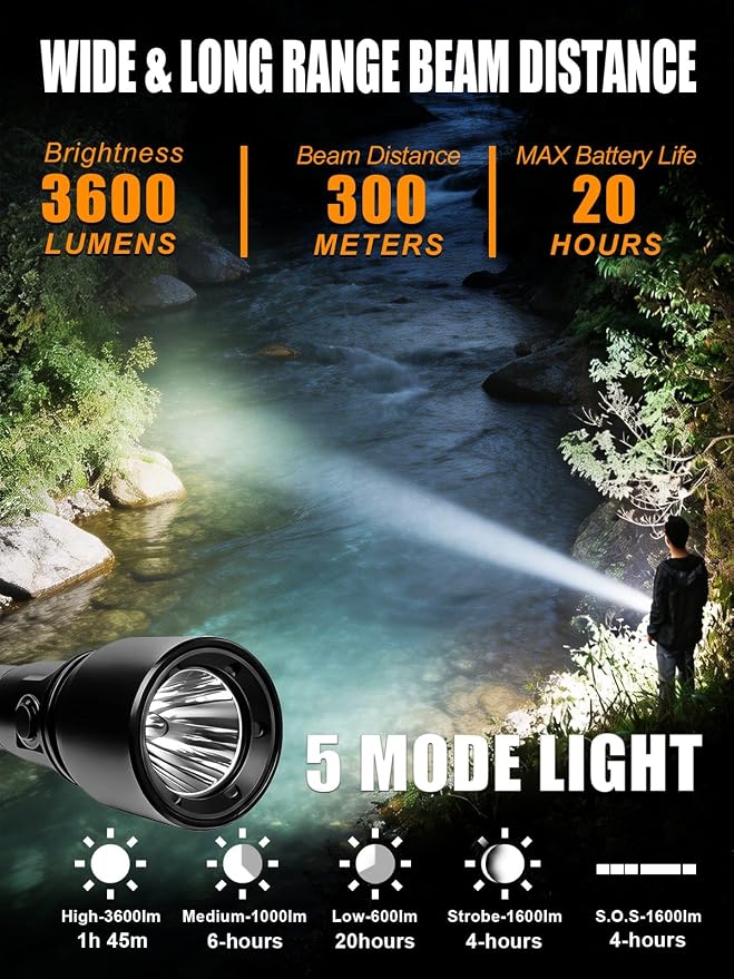 PFSN 3600 Lumens Dive Light, 150M Underwater Waterproof Diving Flashlight, 300M Long Range Beam, 20H Battery Life & Fast Charging, Rechargeable Scuba Dive Torch for Snorkeling Caving Spearfishing